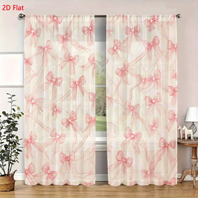 2 Pack Aesthetic Bowknot Print Window Curtains Soft Pastel Ribbon Pattern Drapes Modern Elegant Window Treatment For Living Room Bedroom Kitchen Home Decor
