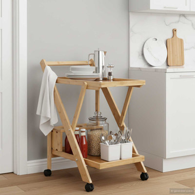 Chariot de cuisine avec roulettes pliables en bambou brun clair manuel