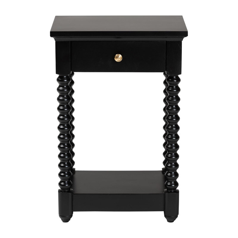 Baxton Studio Terentia Nightstand With Bobbin Legs - 1-Drawer Bedroom Side Table With Storage Shelf, Black, Black