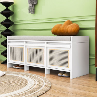 Banc de rangement pour hall d'entrée rétro avec 3 tiroirs en rotin, rangement dissimulé à plateau relevable et coussin rembourré amovible pour le couloir