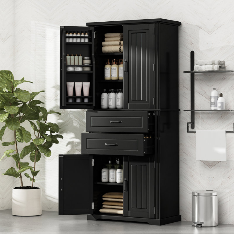 Armoire de rangement avec espace de rangement multifonctionnel, portes avec tablettes de rangement, 2 tiroirs, tablette réglable, noir 