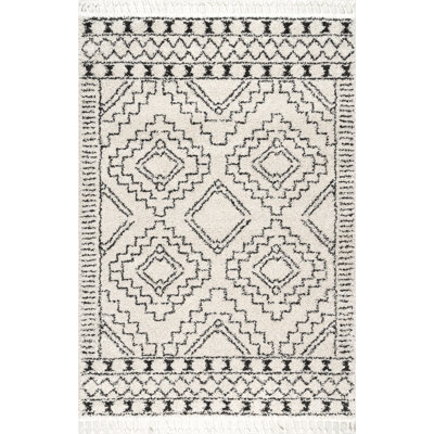 Adry Moroccan Shag Tasseled Cream/Charcoal Area Rug