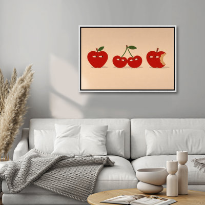 «Playful Apples and Cherries with Expressive faces», reproduction d'art encadrée