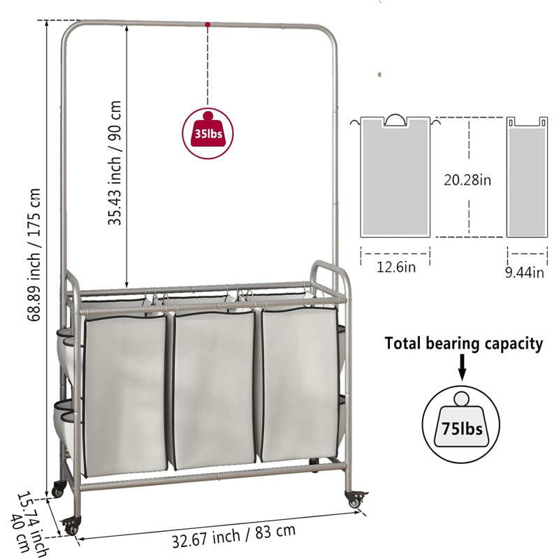 Panier à linge 3 sacs avec panier à linge, roulettes verrouillables et sacs amovibles pour salle de lavage, Beige