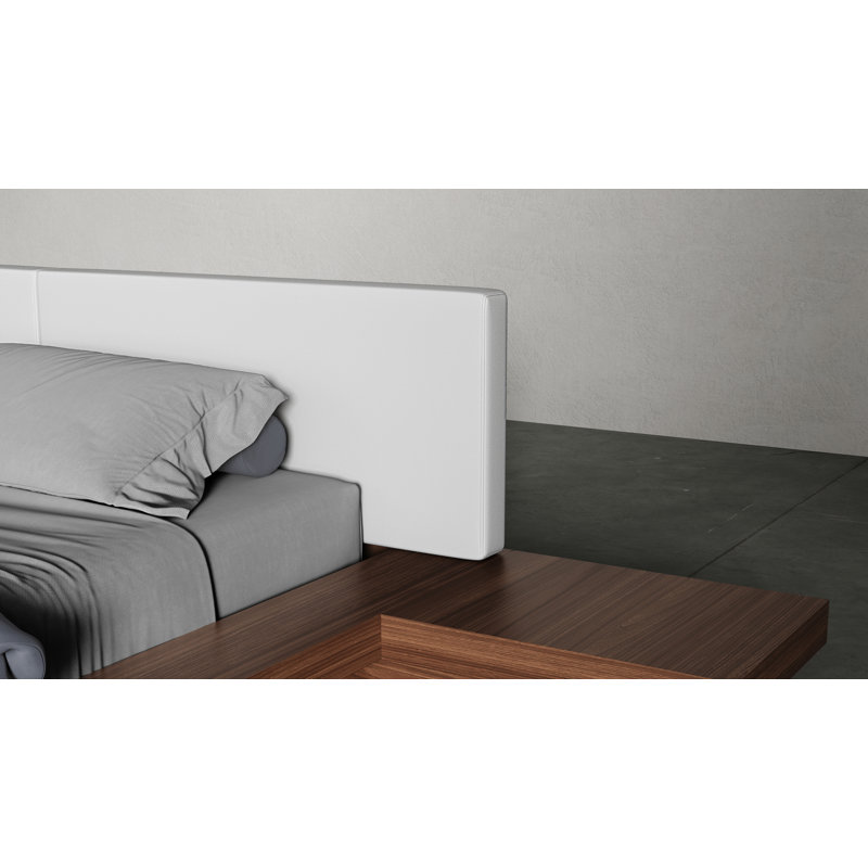 Lit plateforme Bardella, Très grand, Noyer / cuir blanc