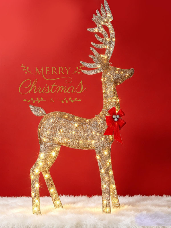 Ensemble de 3 pièces de famille de cerfs de Noël illuminés, décoration de vacances extérieure scintillante dorée, imperméable