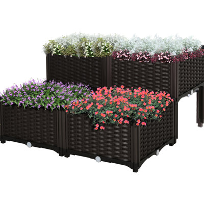 Raised Garden Bed With Legs, Plastic Self-Watering Planter Box For Herbs, Veggies, Flowers, Brown Intrigue 4 Piece Veggies