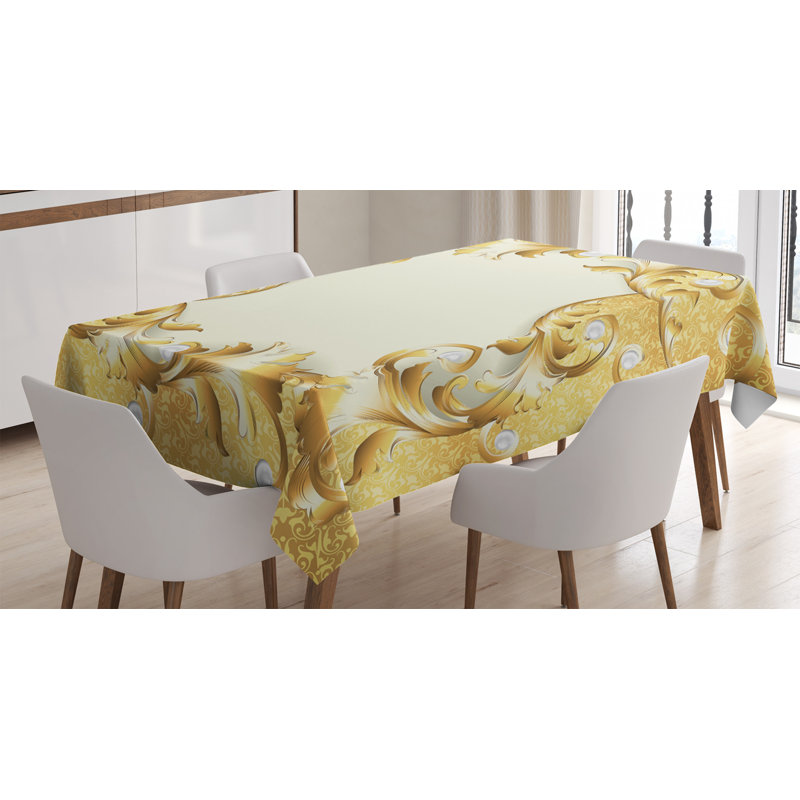 Pearls Tablecloth, Illustration Of A Frame With Ornaments And Pearls Baroque Style Floral Patterns, Rectangular Table Cover For Dining Room Kitchen Decor, 52" X 70", Cream Yellow