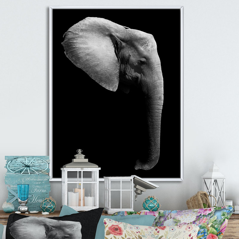 Éléphant d'Afrique en noir et blanc - Impression sur toile, H 20 po x l 12 po, Cadre flottant blanc