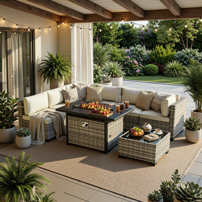 Ensemble de conversation modulaire d'extérieur 8 pièces avec table et coussins pour foyer au propane