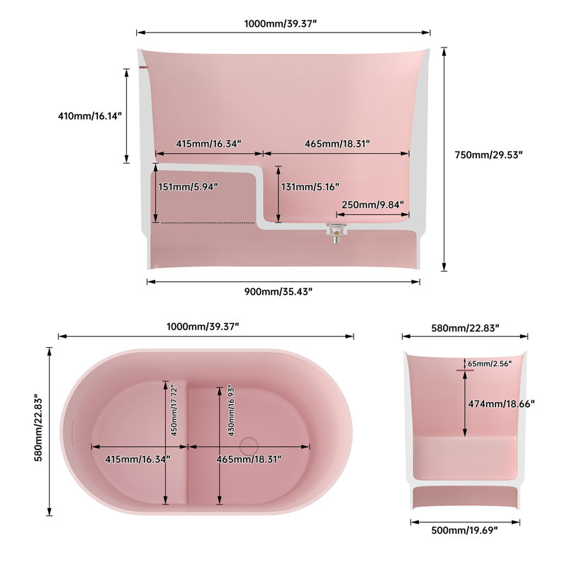 39.37”Small Pink Solid Surface Bathtub - Space Saving, Durable And Comfortable, Pink