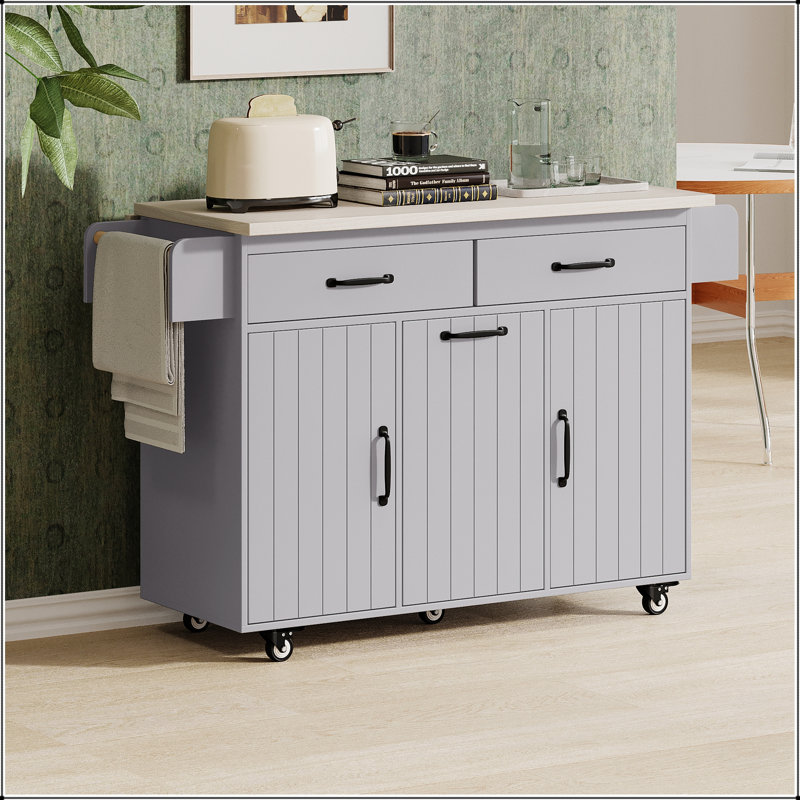 Îlot de cuisine polyvalent avec rangement pour poubelle, abattant, support à épices, porte-serviettes et tablette réglable sur roulettes