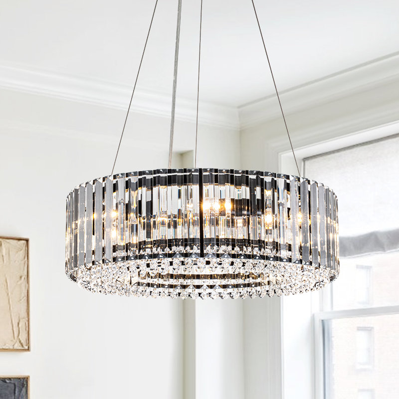 6- Light Modern Mid-Century Luxury Round Crystal Chandelier Chrome Drum Crystal Pendant Living Room, Matte Black, 6