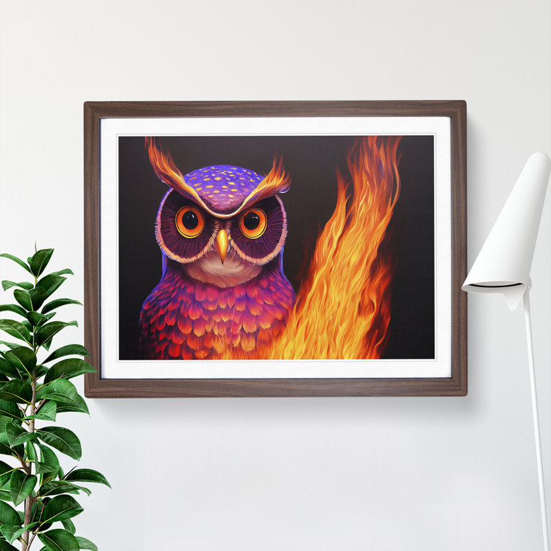 Flaming Owl - Single Picture Frame Print, 25cm H x 34cm W x 2cm D, Walnut Framed