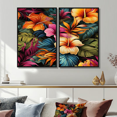 Multicolor Hibiscus Tropical Flowers IV - Green Tropical Wall Art 2-Pieces