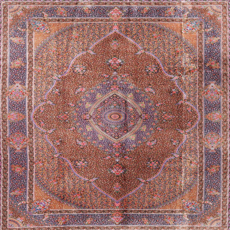 Tapis traditionnel rouge / bleu / orange, Carré 8 pi
