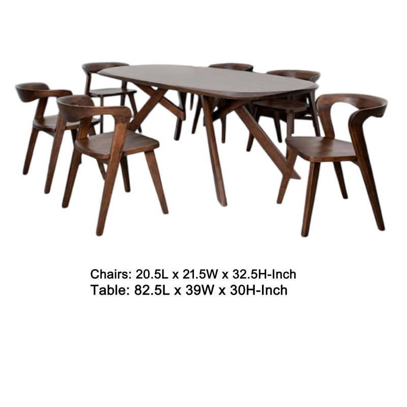 Ensemble de table de salle à manger 7 pièces Ziva, 6 chaises d'appoint, bords 3D, bois massif brun Ziva
