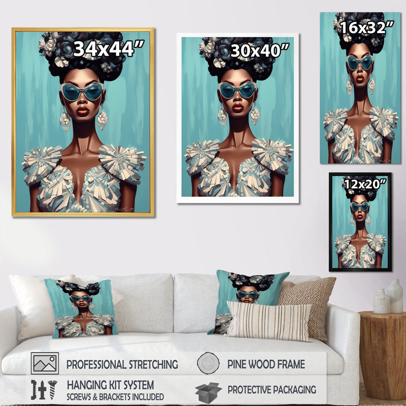 Élégante mode rétro bleue, déesse de la mode africaine I - impression, H 20 po x l 12 po x P 1 po, Cadre simple noir