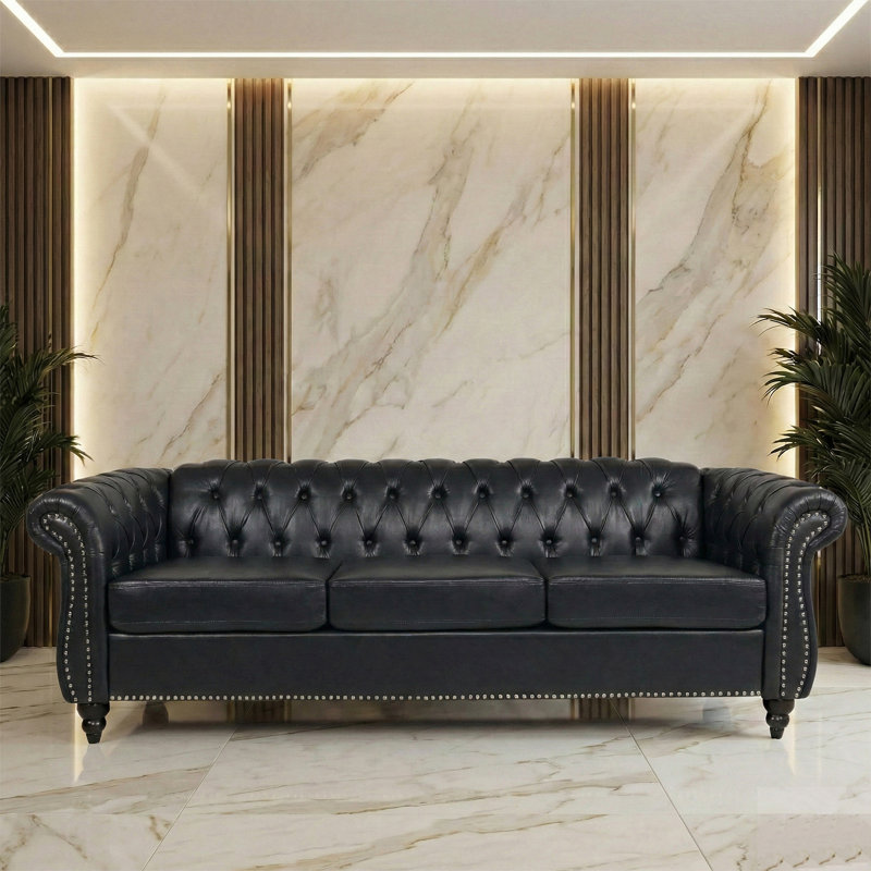 Canapé classique en cuir PU Chesterfield avec dossier capitonné, accoudoirs roulés et garniture cloutée, 3, Noir