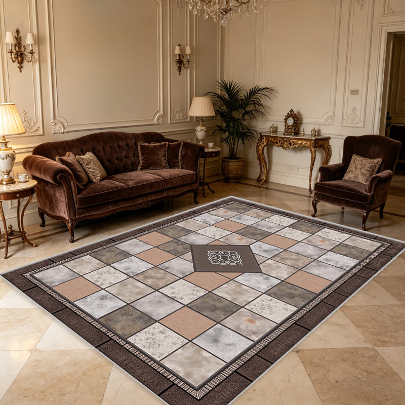 Brown Checker Medallion carpet-easy to clean, machine-washable, soft and comfortable; suitable for door mats, kitchens, living rooms, bedrooms, corridors, and laundry areas. Easy to clean, durable carpet for home decoration.