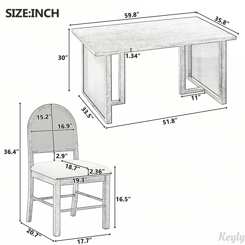 Ensemble de table de salle à manger 7 pièces avec placage en chêne patiné et chaises en rotin pour des réunions de famille confortables