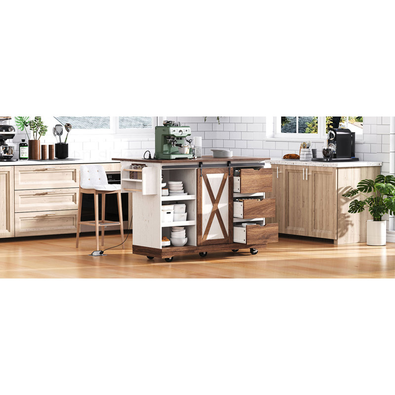 55.5" Farmhouse Kitchen Island with Drop Leaf, White