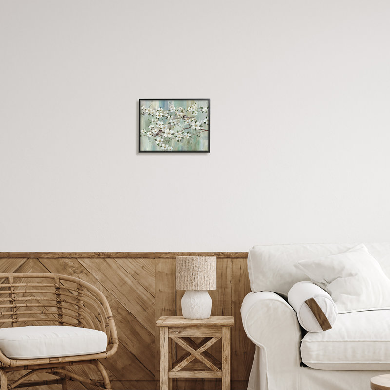 «Delicate Cherry Blossom Flowers Perched Birds Classic» par Nan - peinture sur toile à cadre flottant, Noir