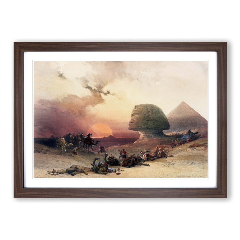 Sunset by the Great Sphinx Pyramids of Giza by David Roberts - Picture Frame Painting Print, Walnut Framed