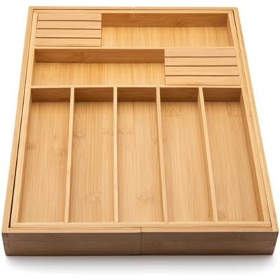 Bamboo Drawer Organizer With Knife Blocks - Silverware Organizer & Utensil Drawer Organizer, Cutlery Tray With Dividers, 7-9 Slots- Premium Kitchen Organizer For Utensils & Flatware (Natural)