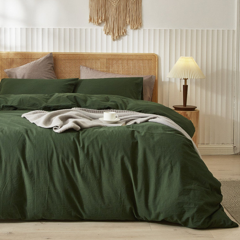 Ensemble de housse de couette 100% coton délavé LifeTown, Housse de couette grand + 2 taies d'oreiller, Vert forêt