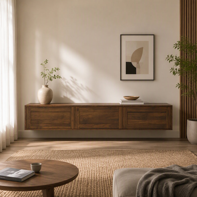 Meuble télé brun flottant ultrabrillant, mural avec lumière ambiante à DEL et prise de courant, armoire de rangement pour le salon