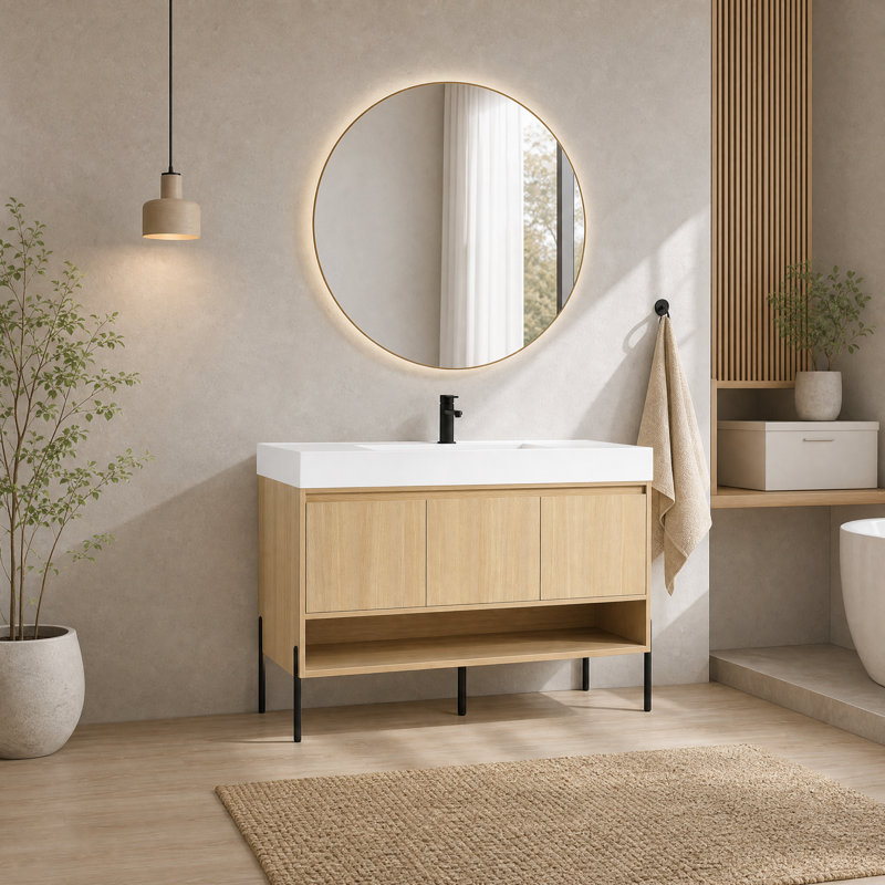 Ensemble de meuble-lavabo 48 po avec lavabo en résine, 3 portes à fermeture en douceur, ensemble de meuble-lavabo en bois massif multicouche à finition chêne