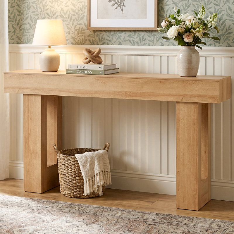 Console de 63 po de largeur, canapé de style campagnard, table d'entrée étroite à grain de bois chaud, Brun, Brun