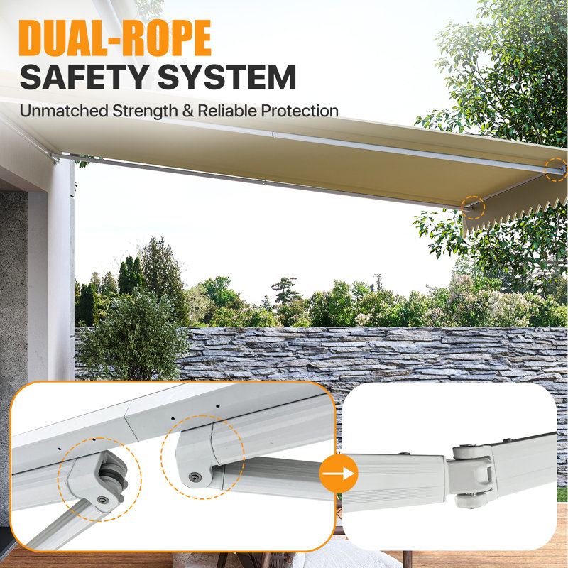 13x10FT Manual Retractable Awning, Full Opening Hand Crank Patio Canopy, Beige, Beige