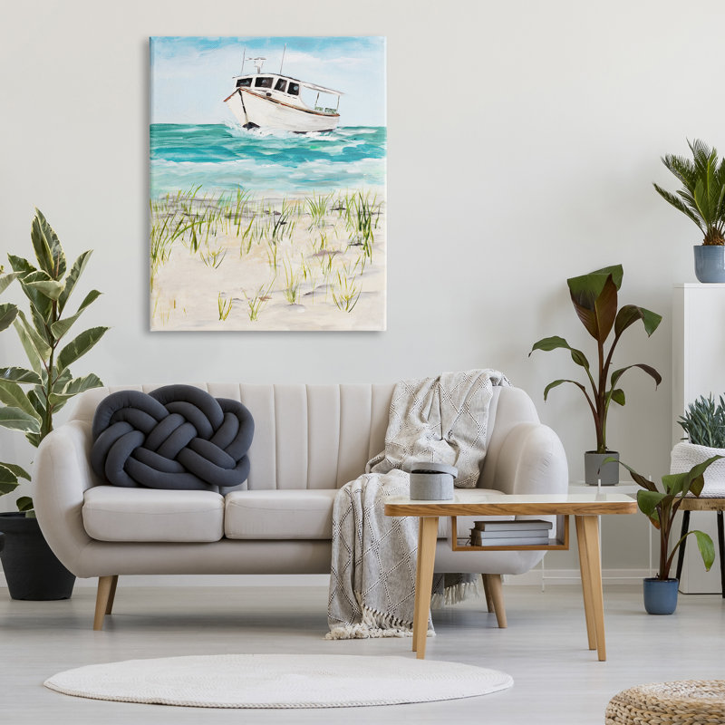 49_Nautical Boat By Coast Grassy Beach, art mural sur toile tendue par Julie Derice, H 48 po x l 36 po, Plaque de bois