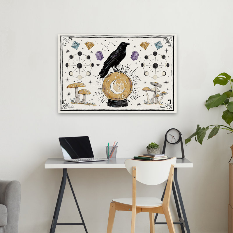 Mystic Moon I - animaux oiseaux noir et bleu, H 24 po x l 36 po