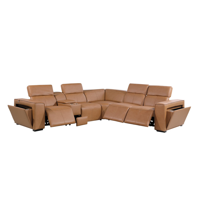 Top Grain Italian Leather 6-Piece L-Shaped Modular Power Reclining Sectional With 3 Power Recliners & Power Headrests