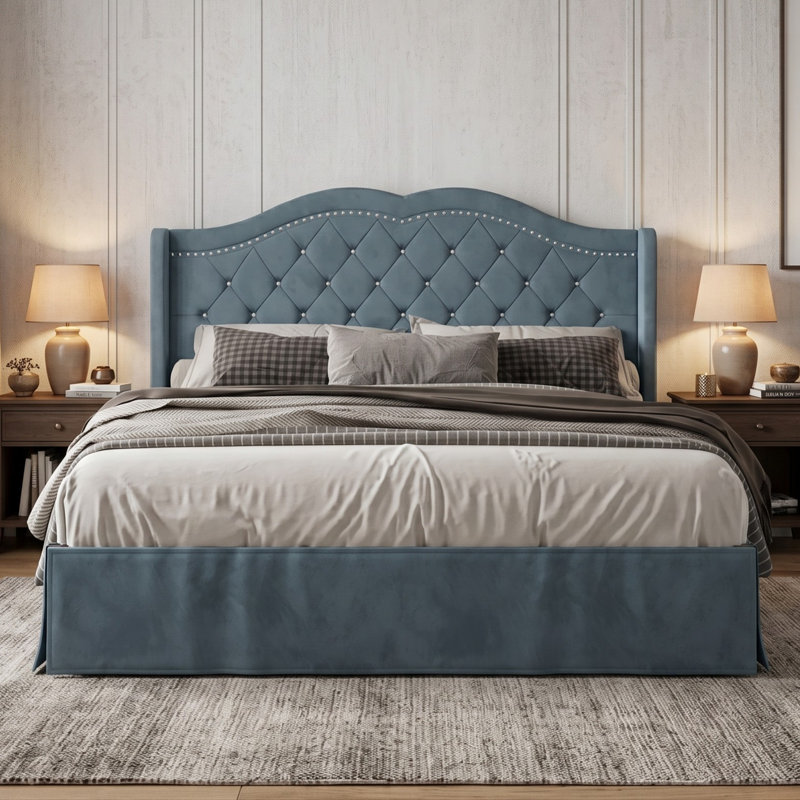 Almanzo Upholstered Velvet Wingback Bed, King, Blue