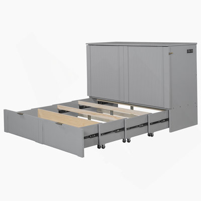 Lit escamotable polyvalent avec rangement pour tiroir et prises et ports USB, structure à poulie pour une conversion facile, idéal pour économiser de l'espace