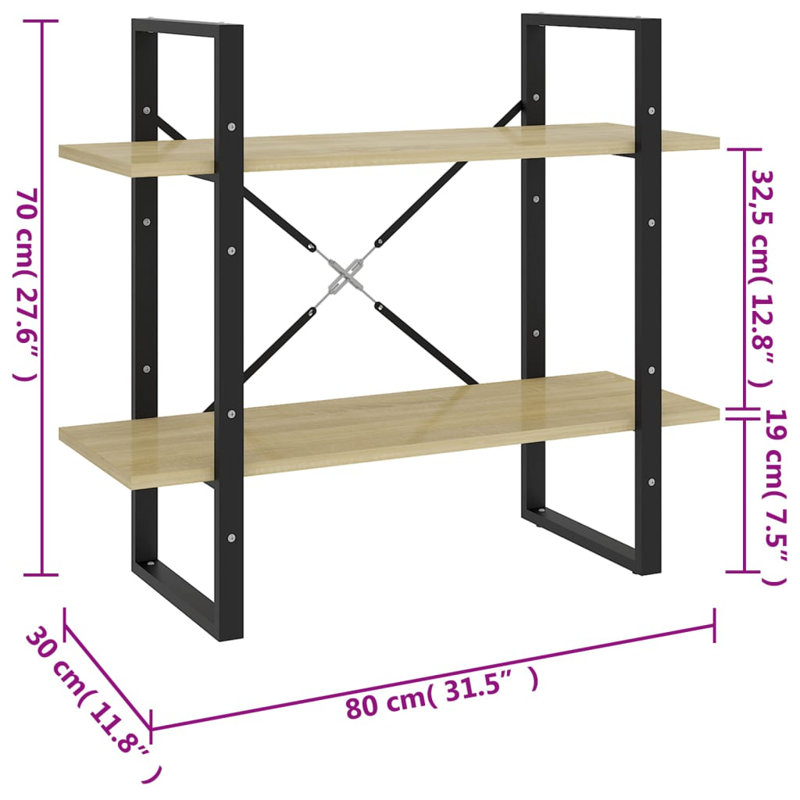 Bibliothèque Canne en bois d'ingénierie, Chêne sonoma, (2 tablettes) H 27,6 po x l 31,5 po x P 11,8 po