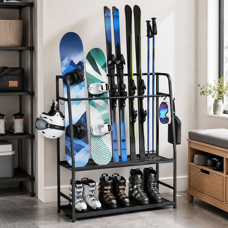 Freestanding Ski Rack, Snowboard Storage Rack with Gear Organizer