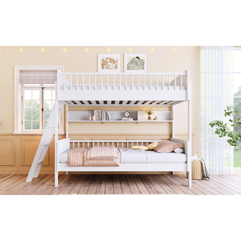 Lit superposé simple en bois blanc, 3 tablettes de rangement, peut être déplacé vers la gauche ou la droite, garde-corps inclus