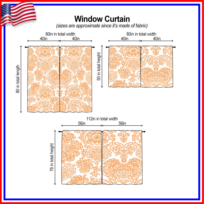Rideaux de fenêtre damassés à motif floral orange diaphane et obscurcissant - 2 panneaux, 40in x 82in - 2 panels