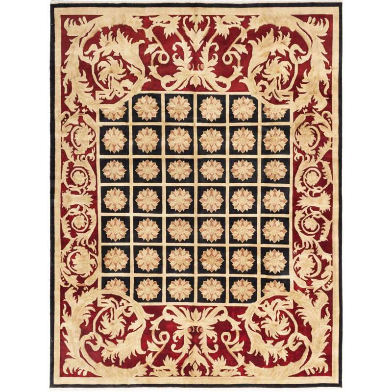 Tapis unique en laine noué à la main style Oushak beige / noir / rouge des années 2010 de 9 pi x 11 pi 10 po Wunibald