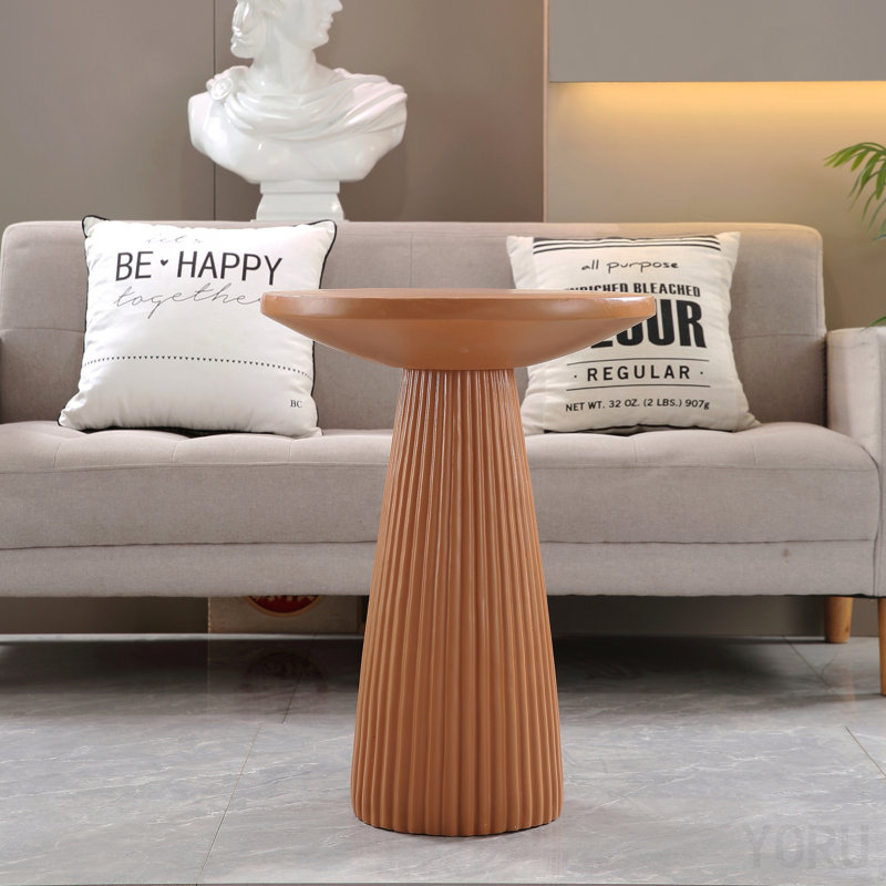 Light Coffee Magnesium Oxide Fluted Base Side Table, 17.72" Diameter Round Accent Table