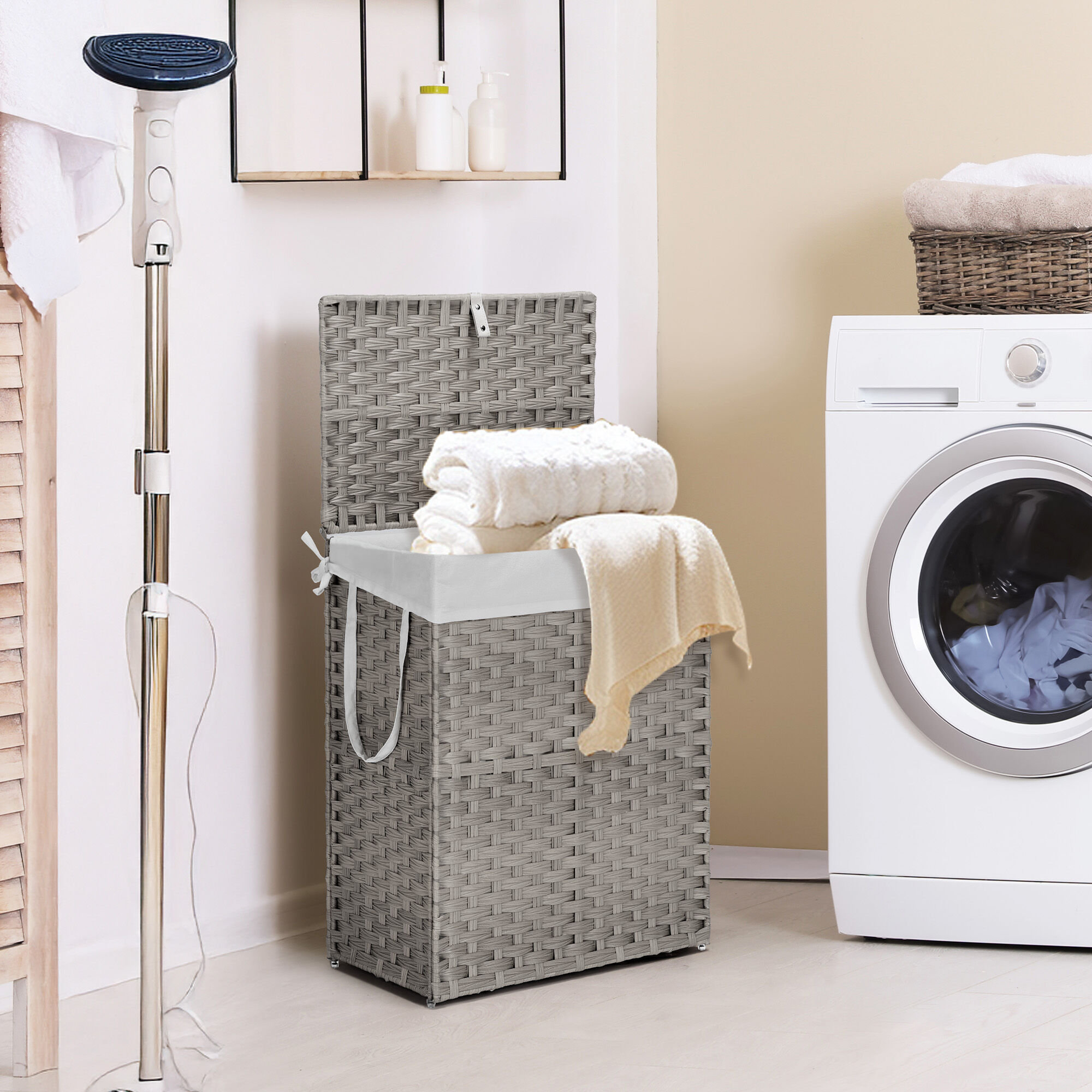 Laundry Hamper with Lid, 90L/110L Storage Capacity Wicker Clothes Basket with Handle and Removeable Liner - 24" H x 22.2" W x 13.3" D