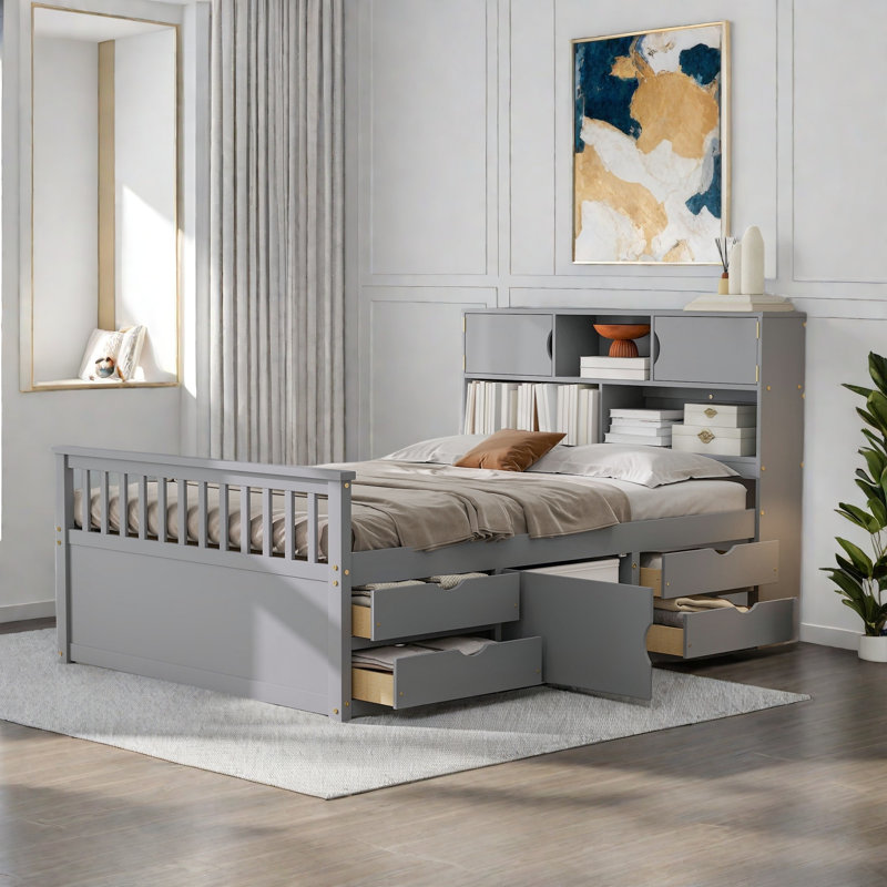 Lit plateforme double pleine grandeur avec bibliothèques de rangement et tablettes, quatre tiroirs, gris