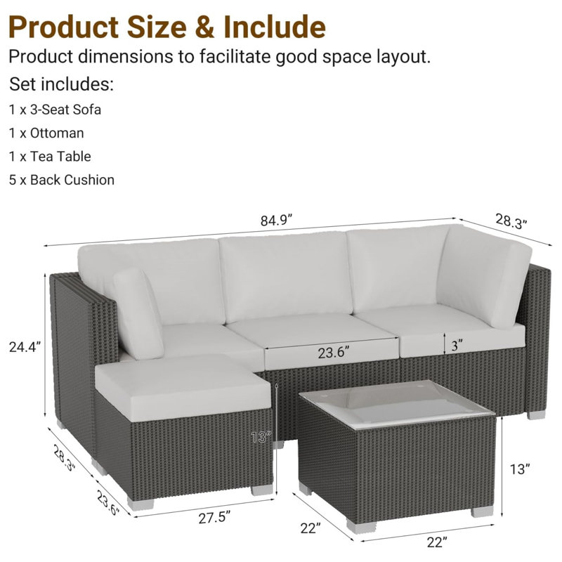 Outdoor Patio Furniture Set, 5 Pieces All-Weather Wicker Sectional Conversation Sofa with Glass Coffee Table and Detachable Soft Cushions, Small Outdoor Sofa Set for Balcony, Poolside, Yard