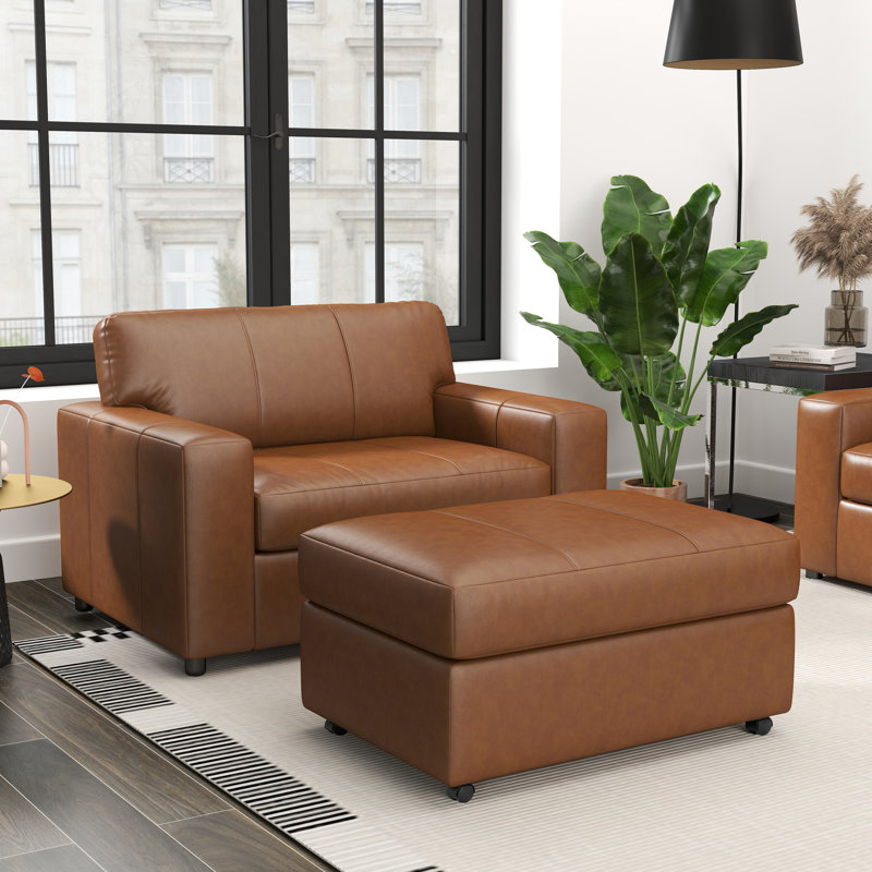 Caro Espinoza Leather Upholstered 2-Piece Living Room Set, Cutler Chair And Ottoman, Brown
