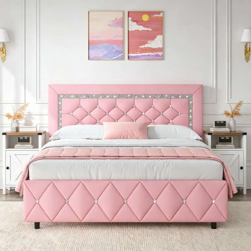Ensemble de lit plateforme en similicuir Alber, Lit double, Rose/Blanc